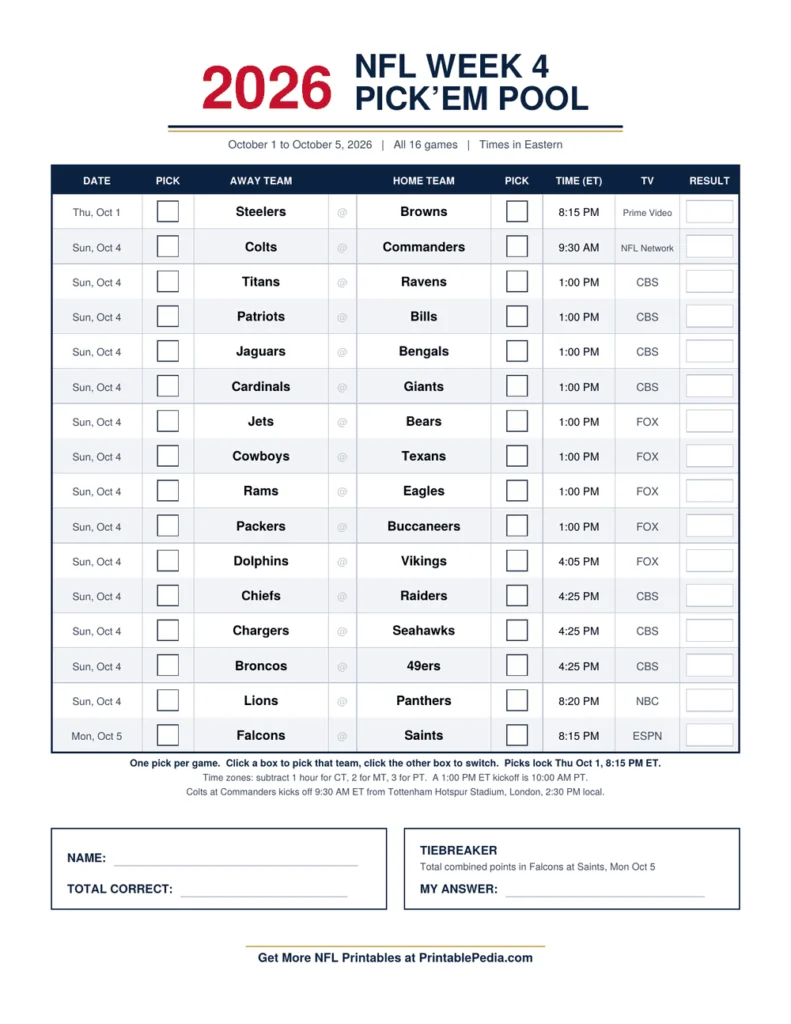 NFL Week 4 Pick'em Sheet 2026 printable with all 16 games, ET kickoff times and TV channels