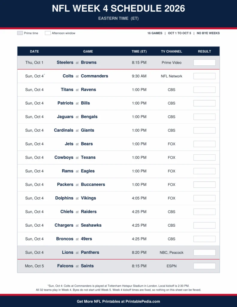 Printable 2026 NFL Week 4 schedule with all 16 games, dates, kickoff times in Eastern Time and TV channels