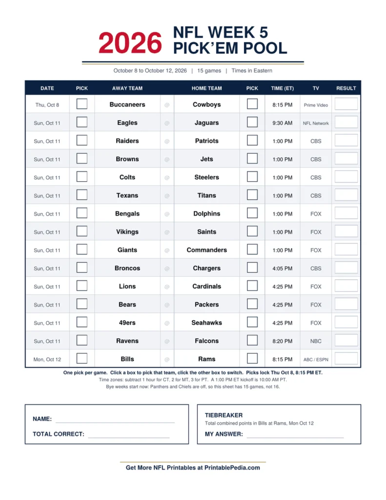 NFL Week 5 Pick'em Sheet 2026 printable with all 15 games, ET kickoff times and TV channels