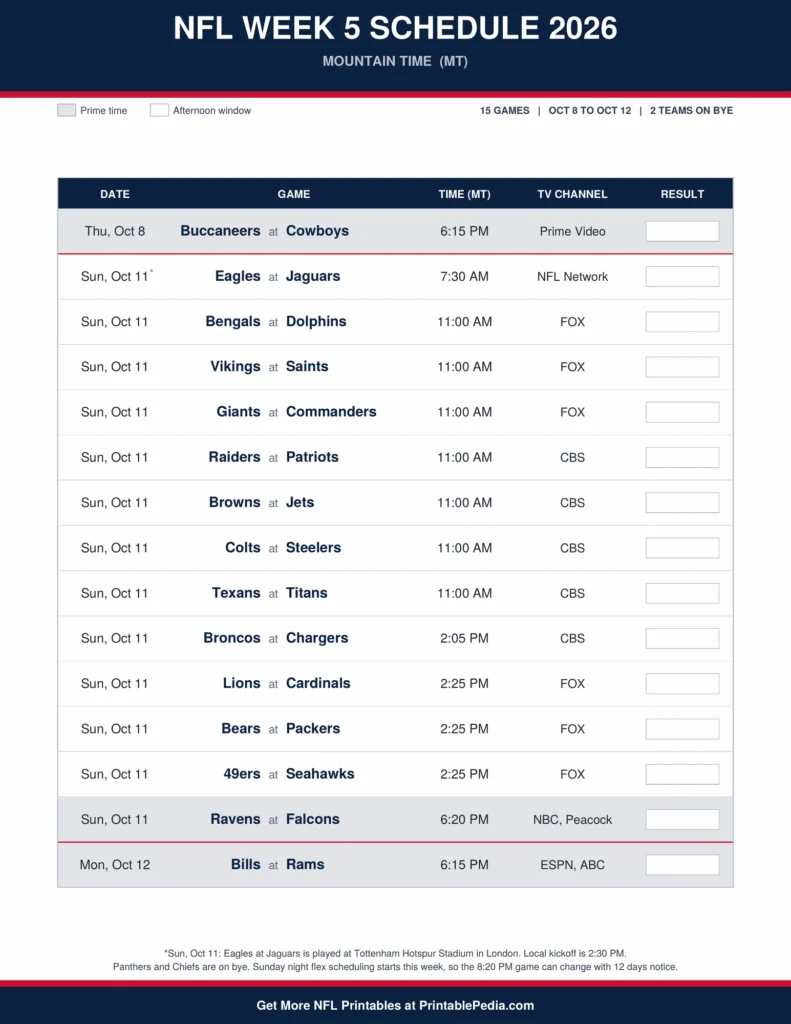 Printable 2026 NFL Week 5 schedule with all 15 games, dates, kickoff times in Mountain Time and TV channels
