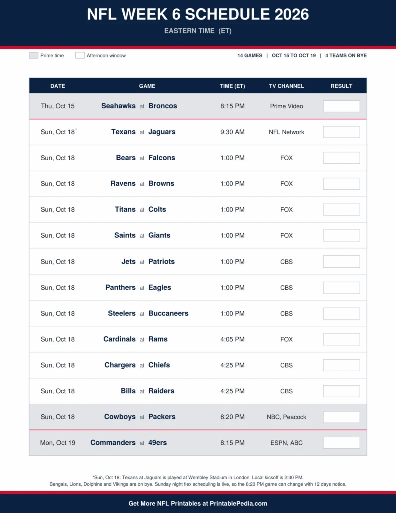 Printable 2026 NFL Week 6 schedule with all 14 games, dates, kickoff times in Eastern Time and TV channels