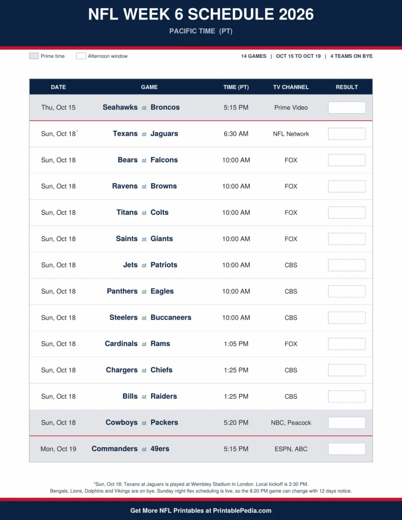 Printable 2026 NFL Week 6 schedule with all 14 games, dates, kickoff times in Pacific Time and TV channels