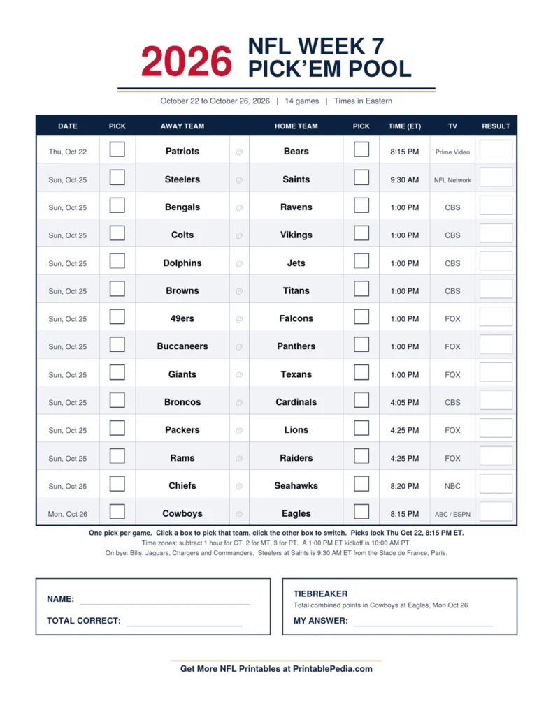 NFL Week 7 Pick'em Sheet 2026 printable with all 14 games, ET kickoff times and TV channels