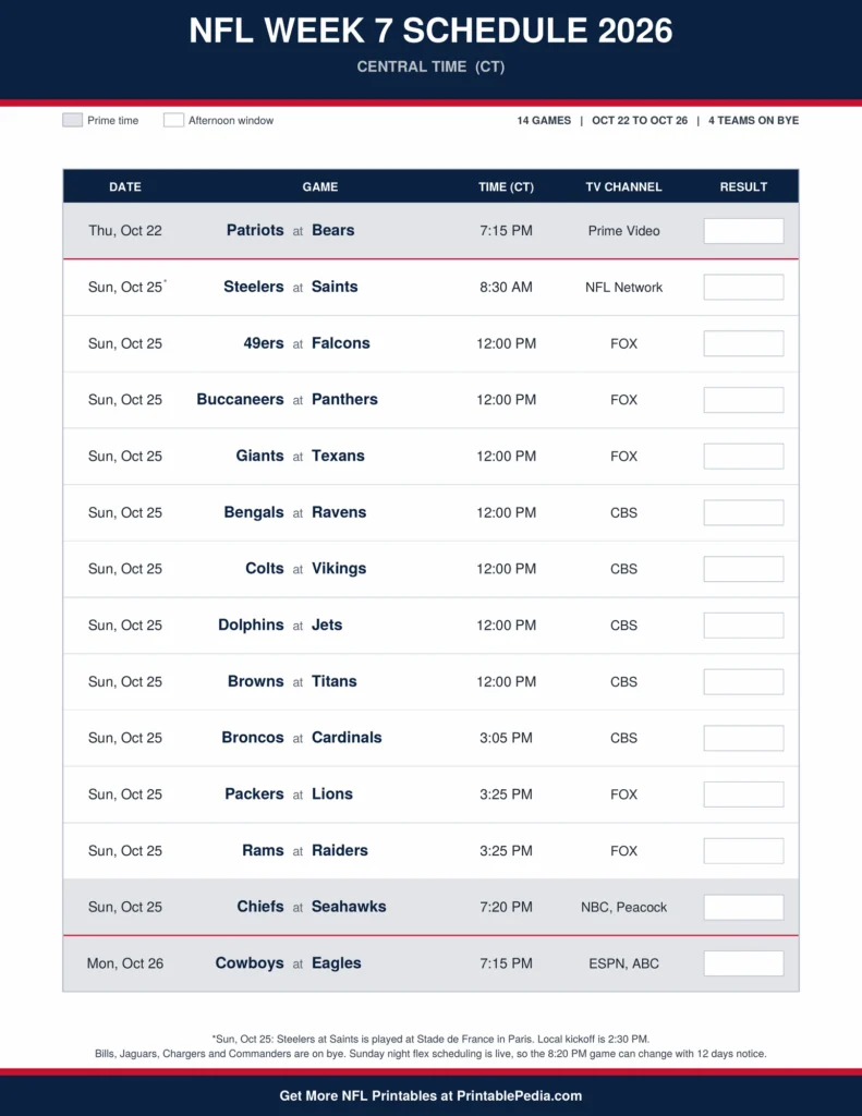 Printable 2026 NFL Week 7 schedule with all 14 games, dates, kickoff times in Central Time and TV channels