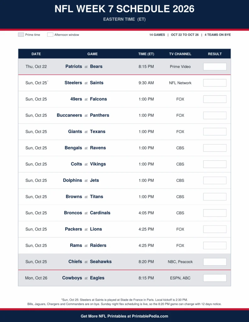 Printable 2026 NFL Week 7 schedule with all 14 games, dates, kickoff times in Eastern Time and TV channels