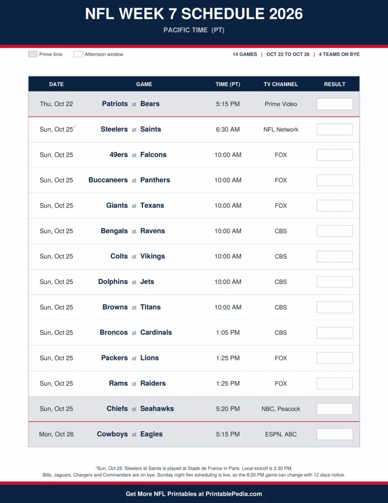 Printable 2026 NFL Week 7 schedule with all 14 games, dates, kickoff times in Pacific Time and TV channels