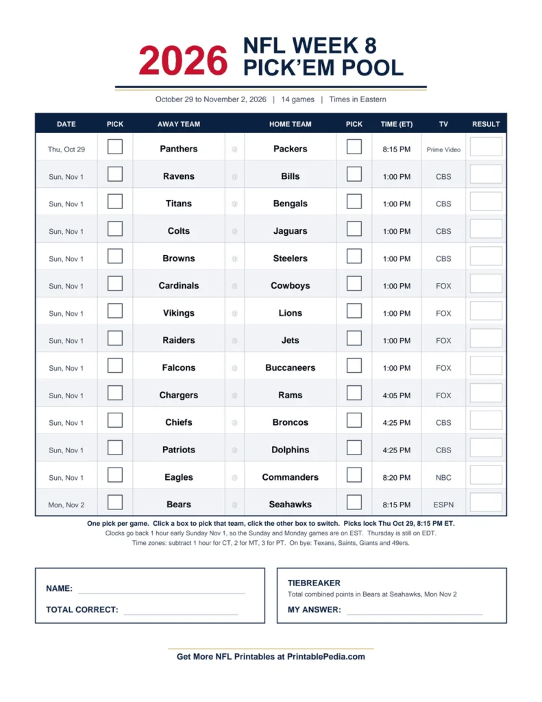 NFL Week 8 Pick’em Sheet 2026 printable with all 14 games, ET kickoff times and TV channels