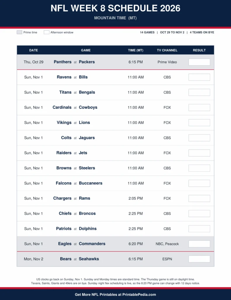 Printable 2026 NFL Week 8 schedule with all 14 games, dates, kickoff times in Mountain Time and TV channels