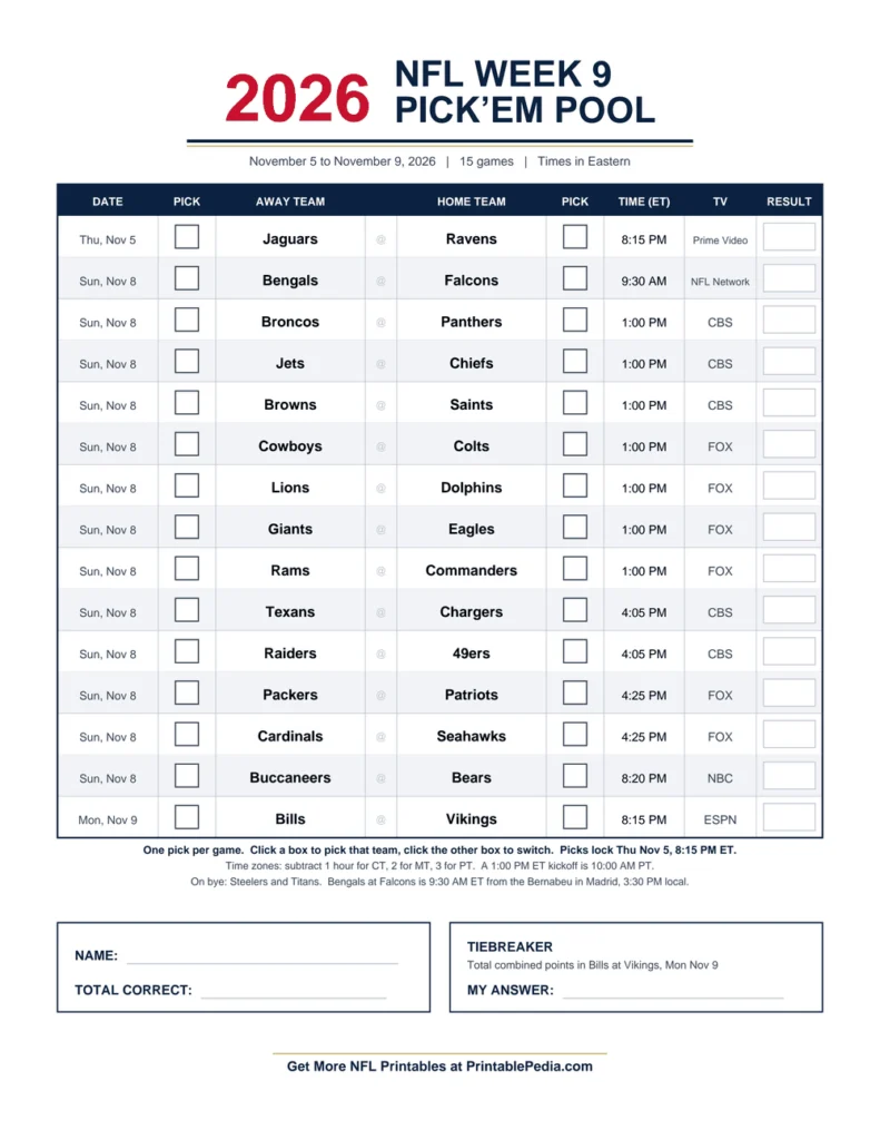 NFL Week 9 Pick’em Sheet 2026 printable with all 15 games, ET kickoff times and TV channels