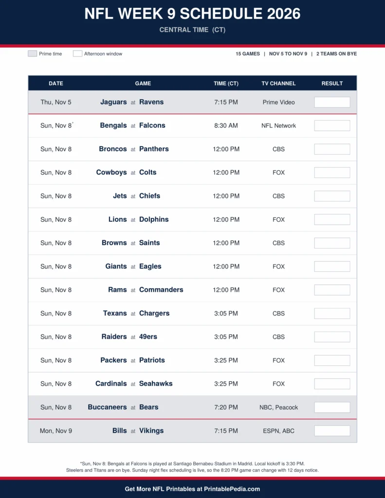 Printable 2026 NFL Week 9 schedule with all 15 games, dates, kickoff times in Central Time and TV channels