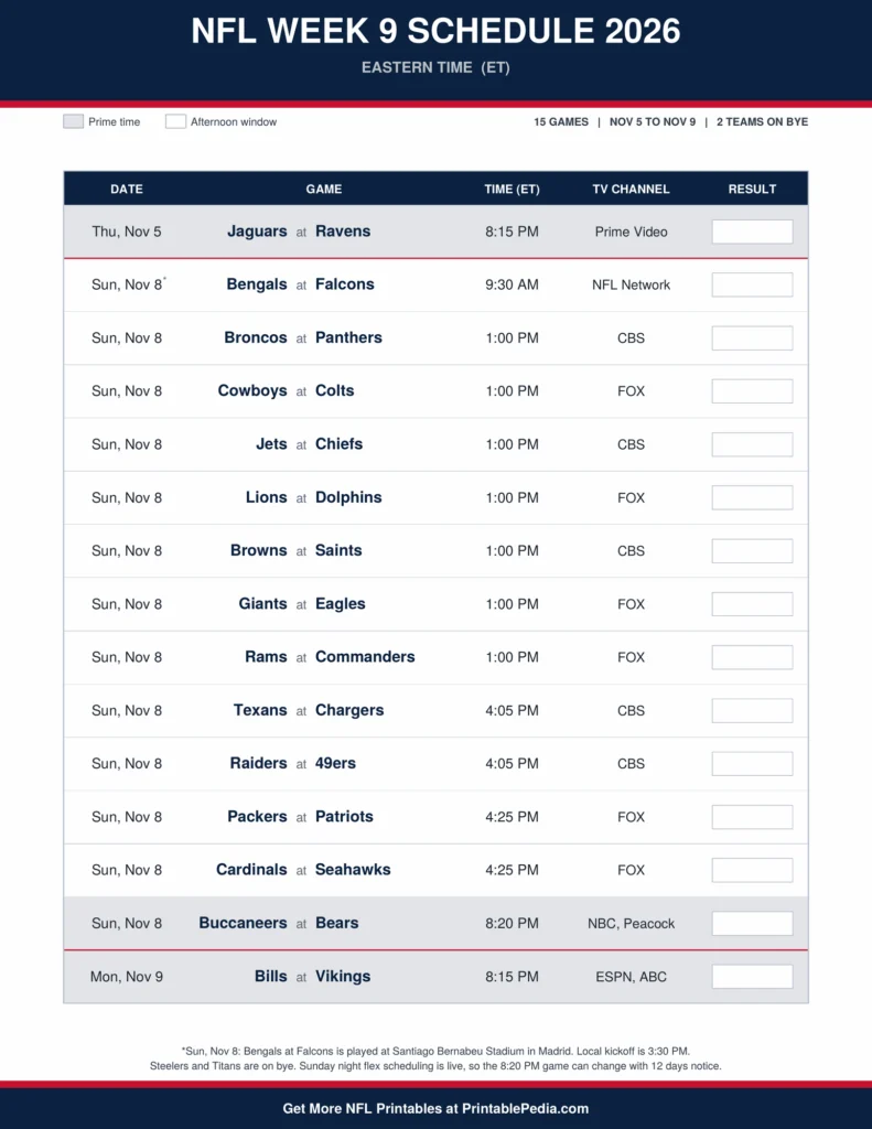 Printable 2026 NFL Week 9 schedule with all 15 games, dates, kickoff times in Eastern Time and TV channels