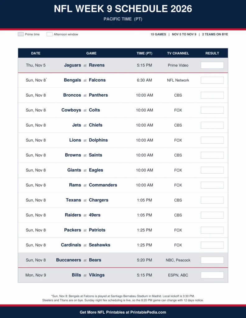 Printable 2026 NFL Week 9 schedule with all 15 games, dates, kickoff times in Pacific Time and TV channels