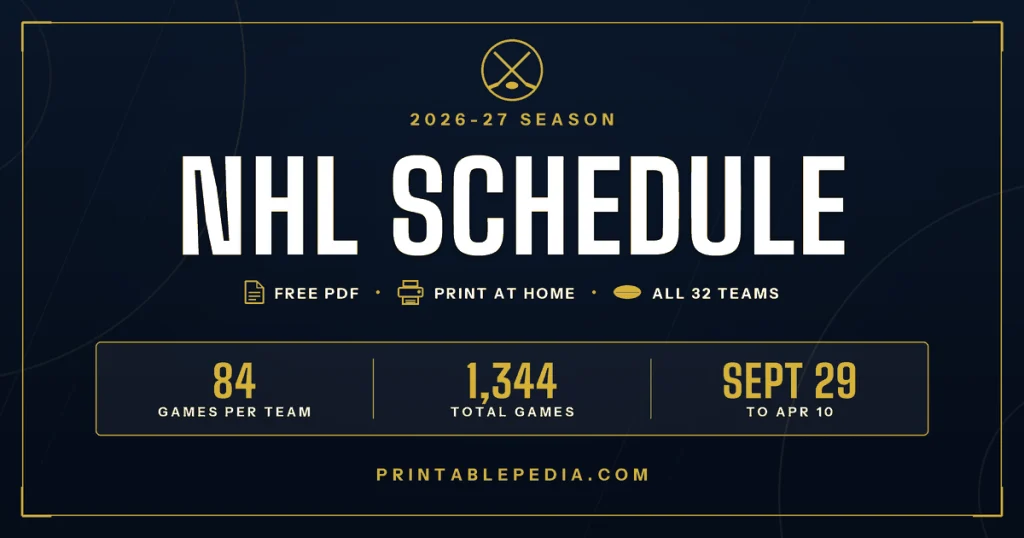 Printable 2026-27 NHL schedule with 84 games per team, 1,344 total games and dates from September 29 to April 10