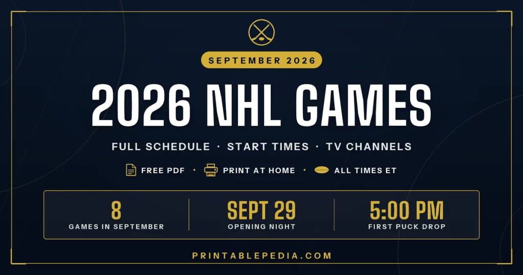 2026 NHL games September schedule with times and channels, printable PDF