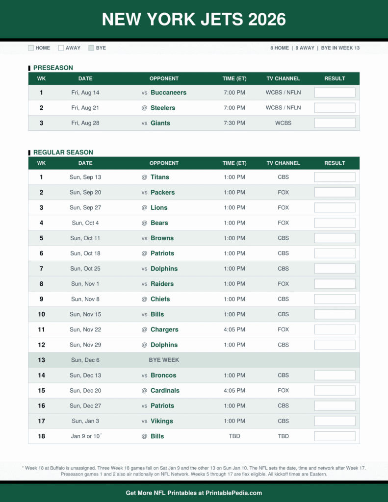 Printable 2026 New York Jets schedule with every game, dates, kickoff times in ET and TV channels