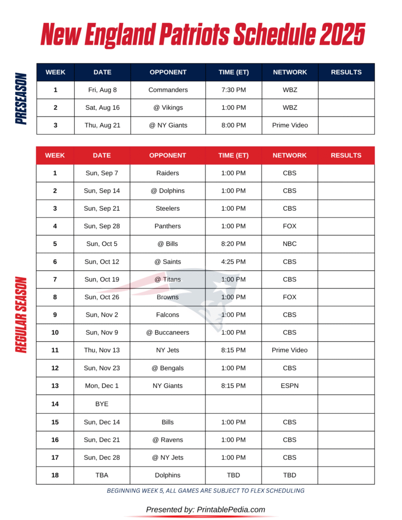Printable Patriots Schedule 2025