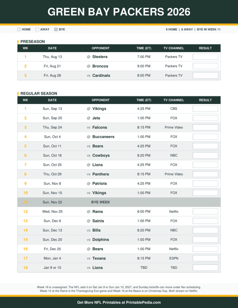 Printable 2026 Green Bay Packers schedule with every game, dates, kickoff times in ET and TV channels