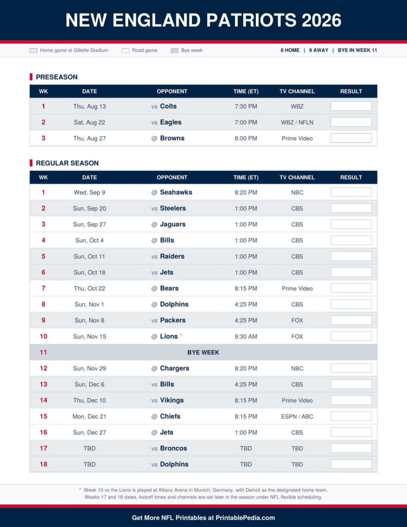 Printable 2026 New England Patriots schedule with every game, dates, kickoff times in ET and TV channels
