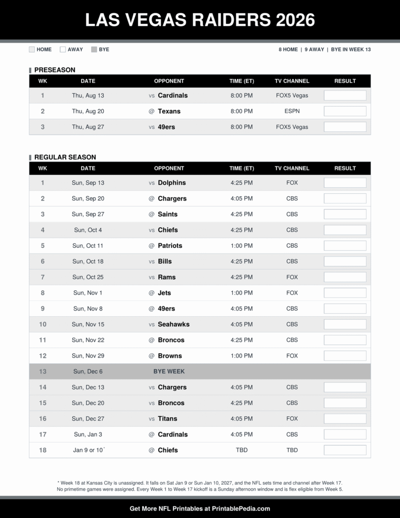 Printable 2026 Las Vegas Raiders schedule with every game, dates, kickoff times in ET and TV channels