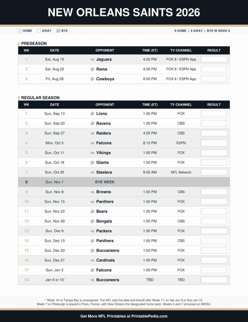 Printable 2026 New Orleans Saints schedule with every game, dates, kickoff times in ET and TV channels