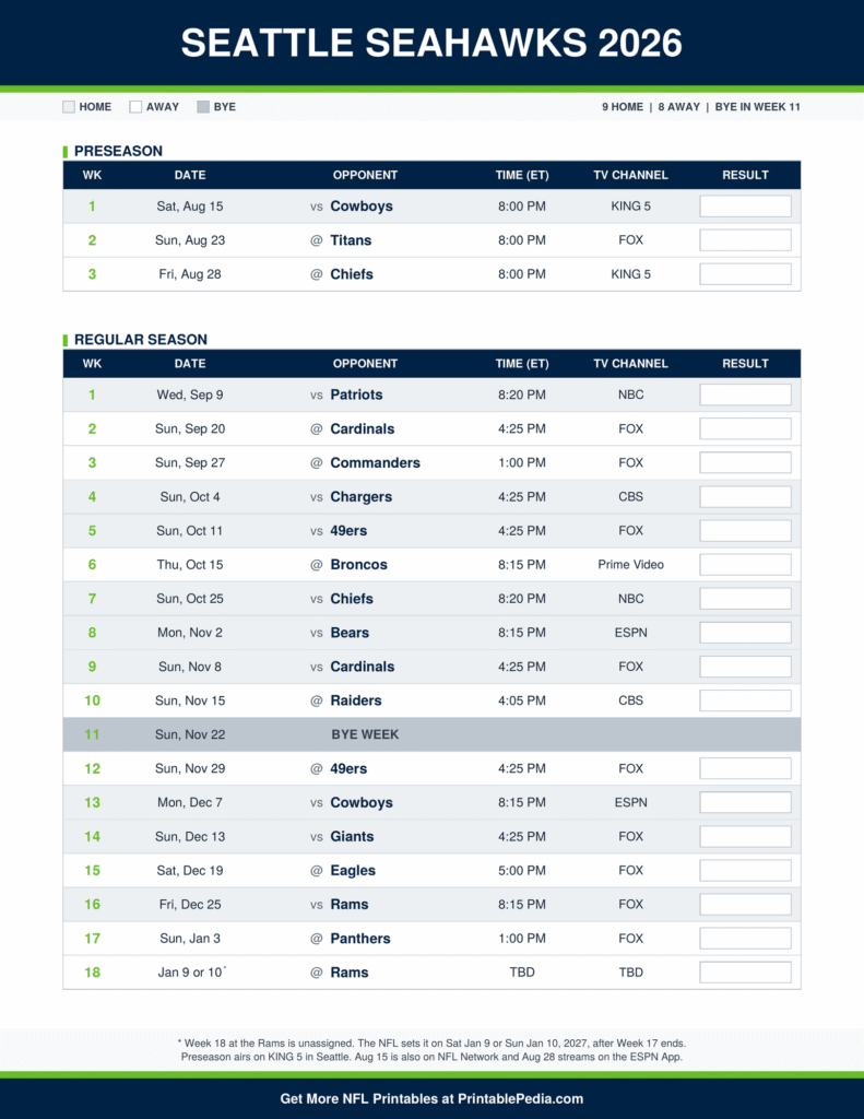 Printable 2026 Seattle Seahawks schedule with every game, dates, kickoff times in ET and TV channels