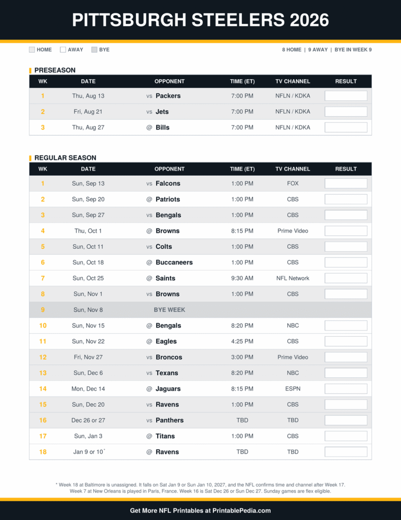 Printable 2026 Pittsburgh Steelers schedule with every game, dates, kickoff times in ET and TV channels