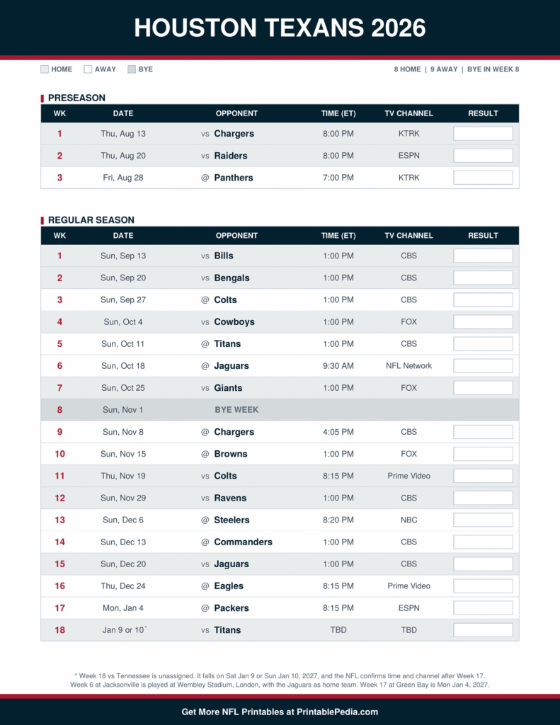 Printable 2026 Houston Texans schedule with every game, dates, kickoff times in ET and TV channels