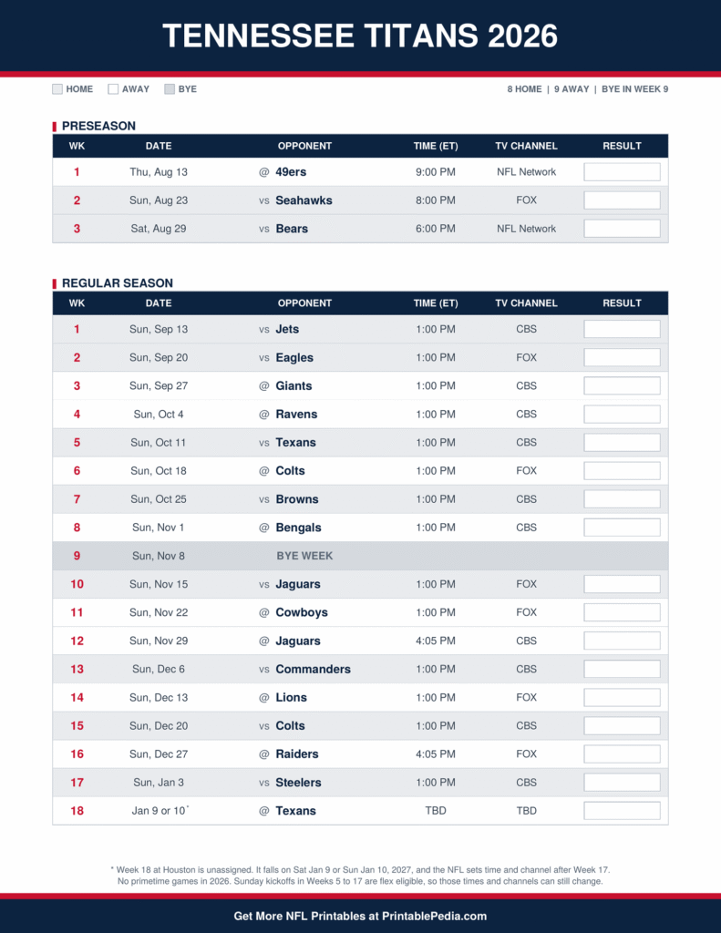 Printable Titans Schedule 2026