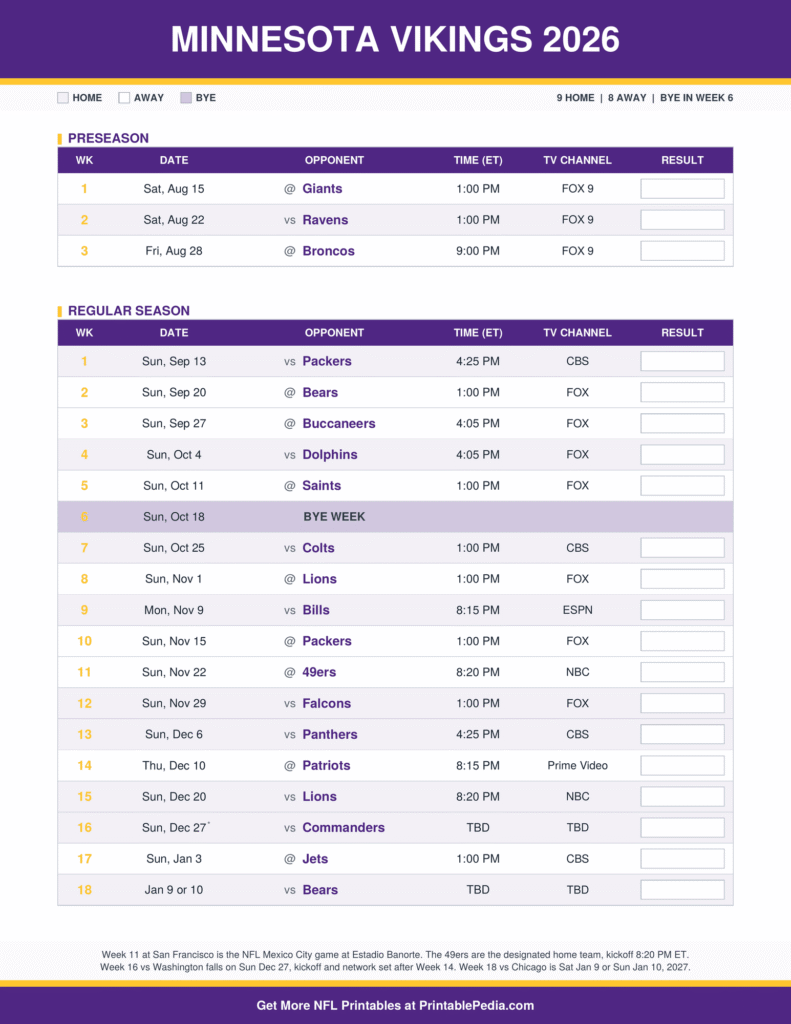 Printable 2026 Minnesota Vikings schedule with every game, dates, kickoff times in ET and TV channels