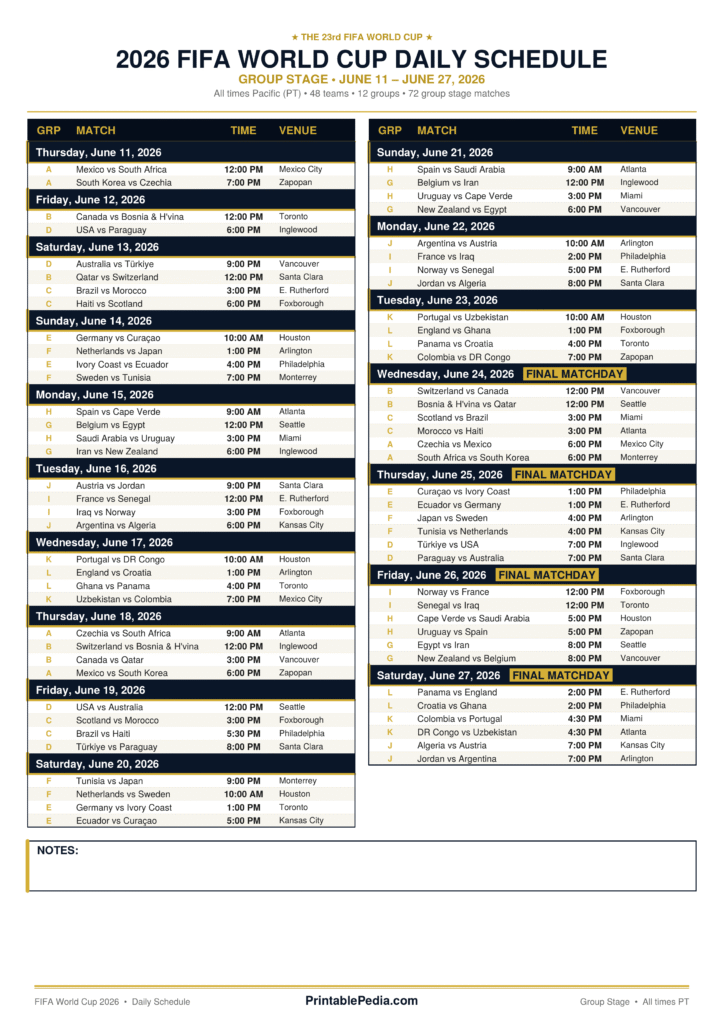 Printable World Cup 2026 Schedule in Pacific Time